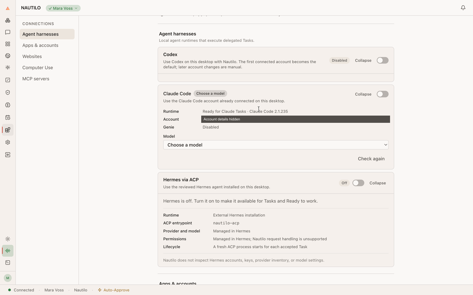 Claude Code detected after installation, with its account details hidden and the model ready to choose.