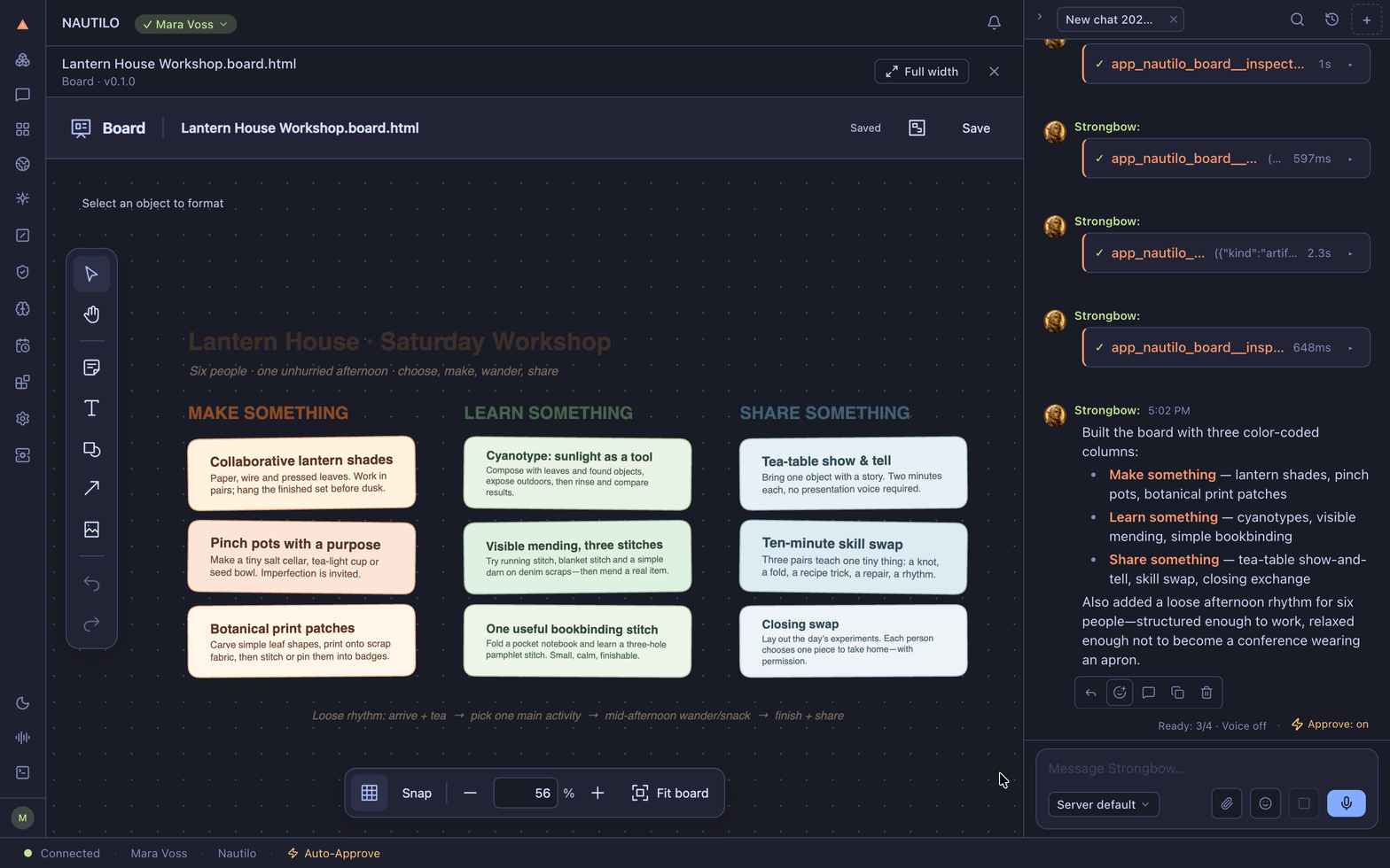 A workshop Board with grouped ideas and the Genie conversation alongside it