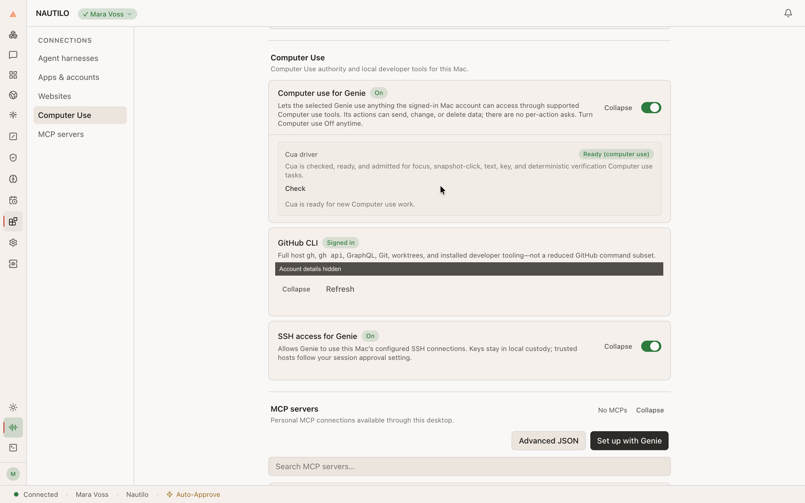 SSH access for Genie switched on in Nautilo Desktop, with account details hidden.