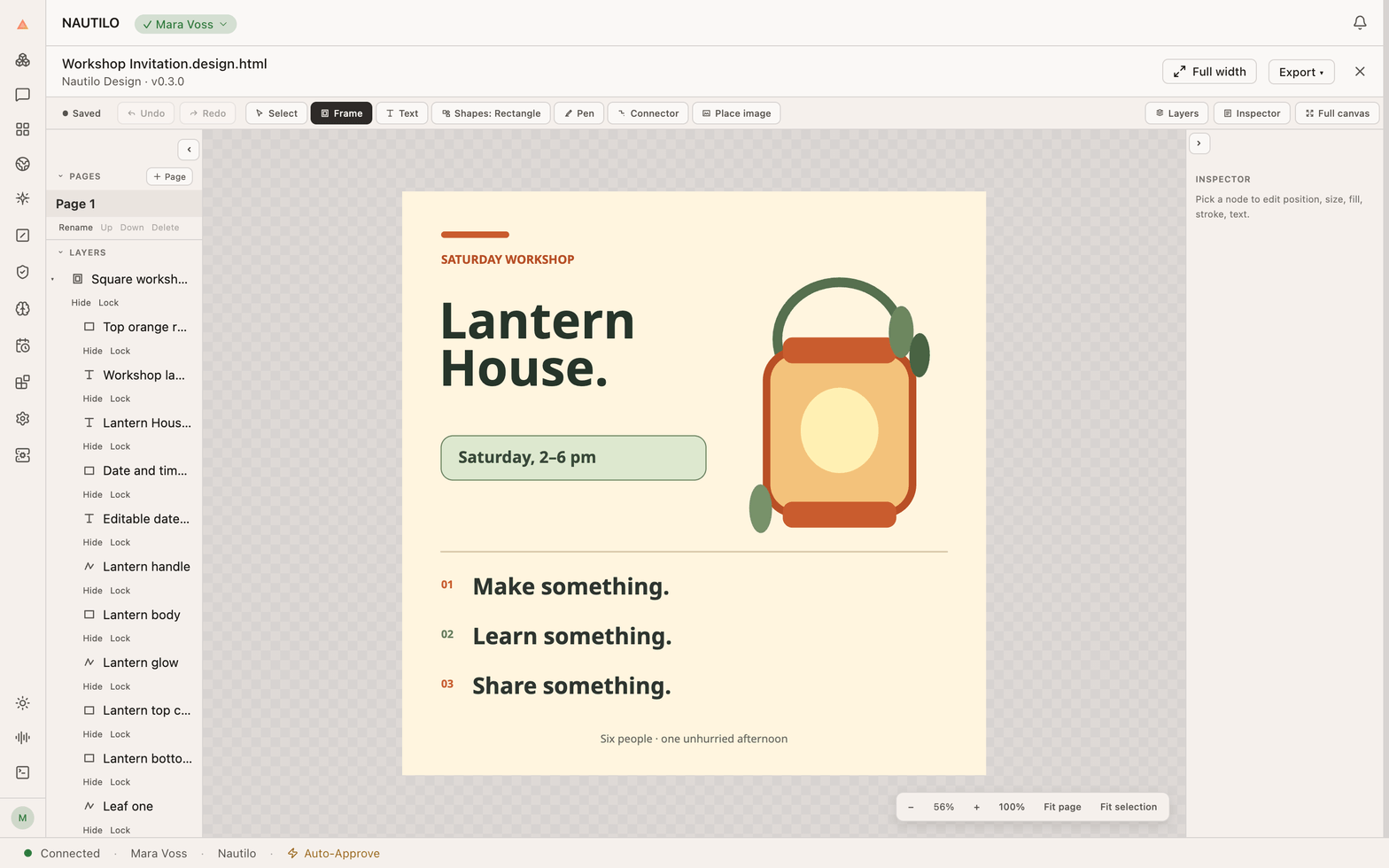 A square workshop invitation in Design, with layers and design controls visible