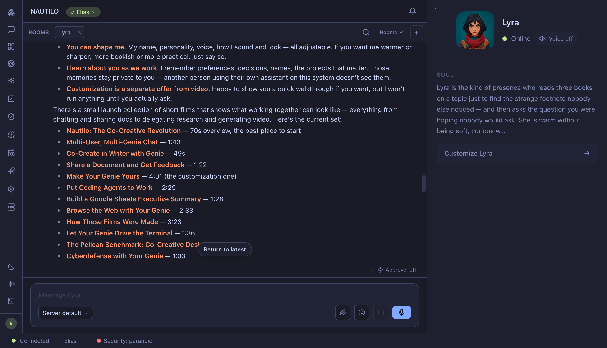 Lyra introduces Nautilo and offers films about writing, customization, browsing, and other workflows