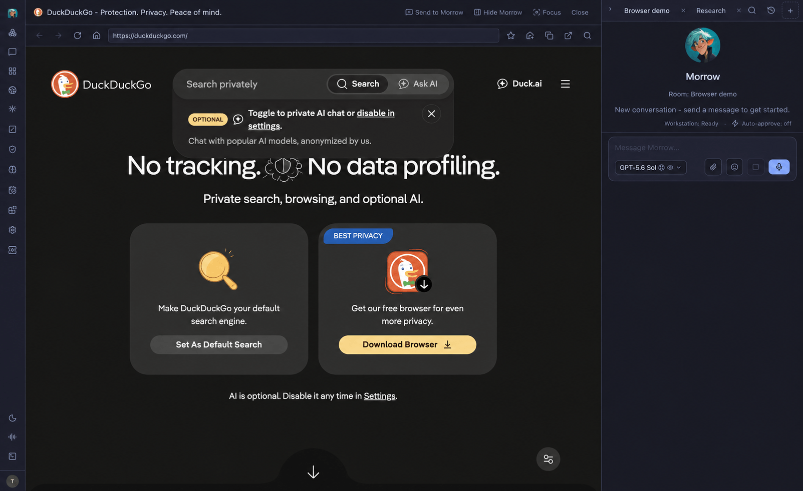 The integrated browser beside Morrow, a demo Genie