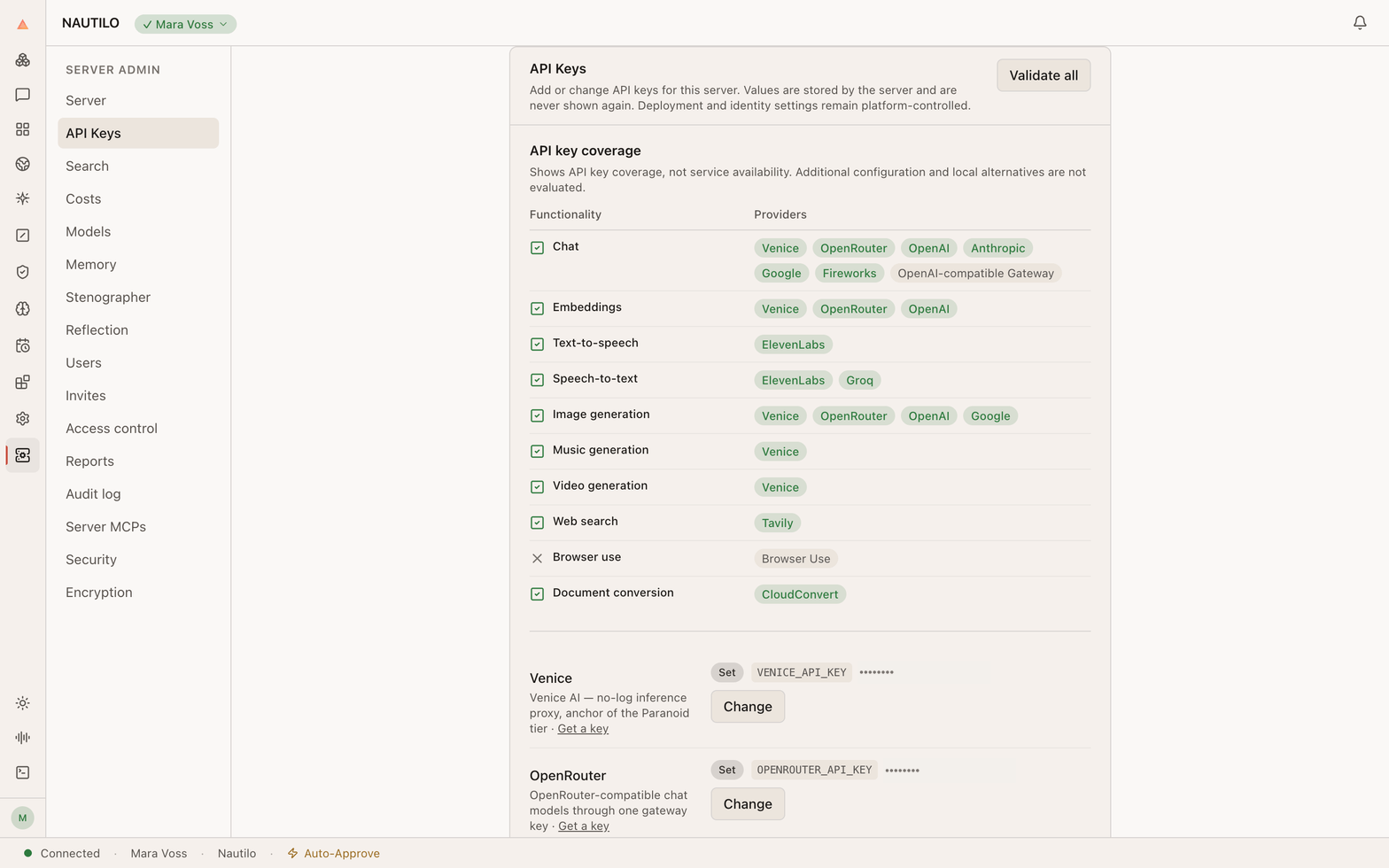 Server admin API key coverage and provider controls, with saved key details hidden