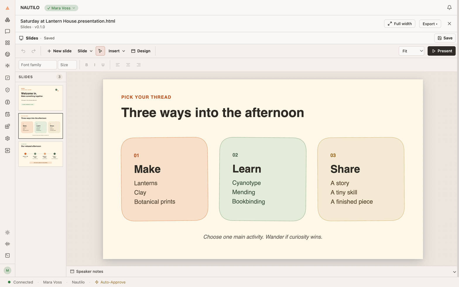 The activity slide in a three-slide workshop presentation