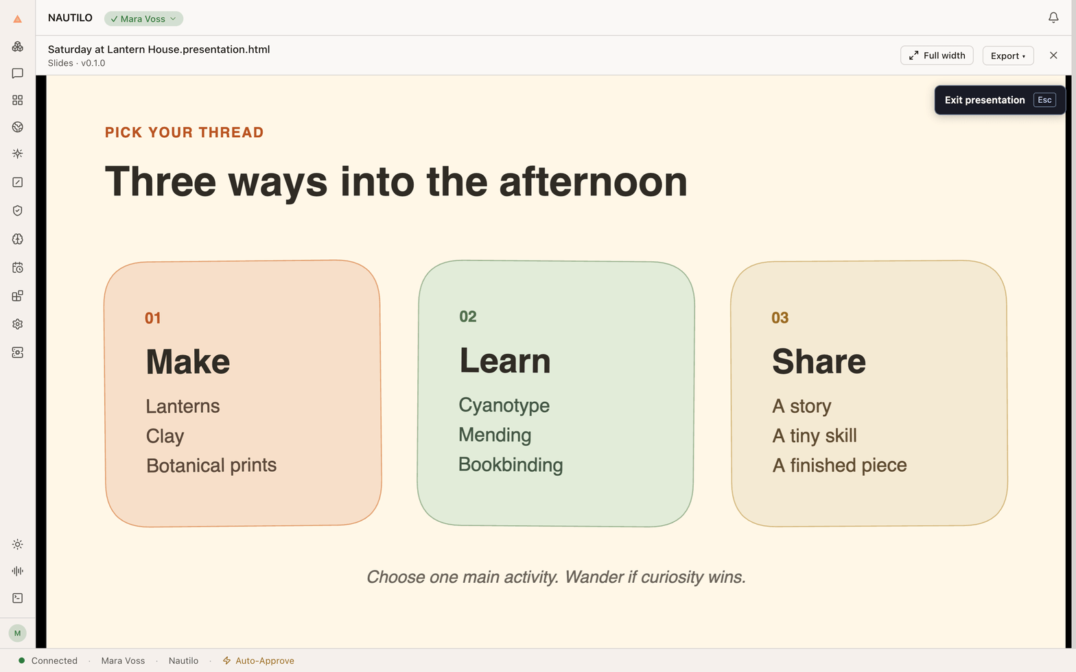 A workshop slide in presentation mode