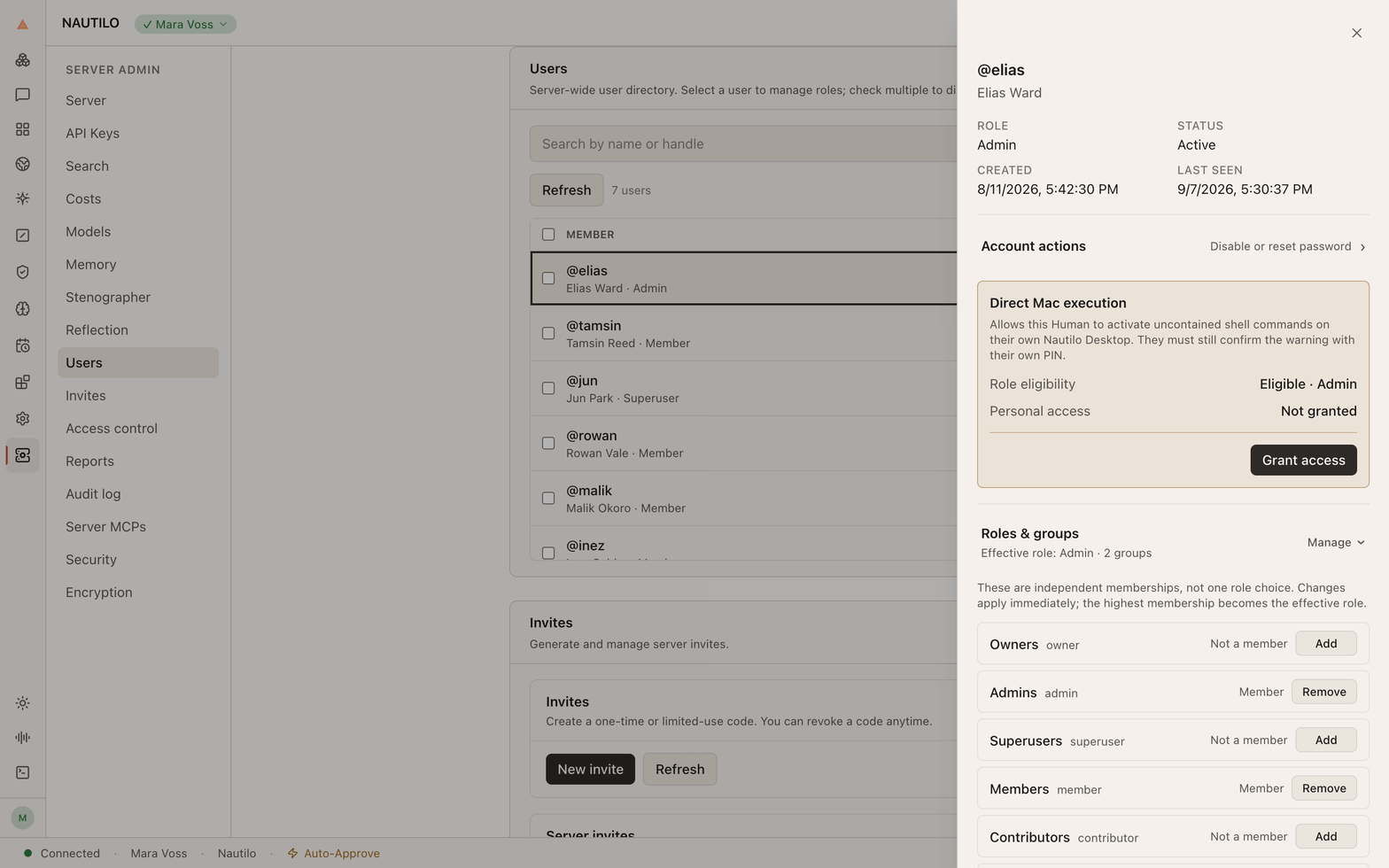 A fictional member's account details with Roles and groups expanded