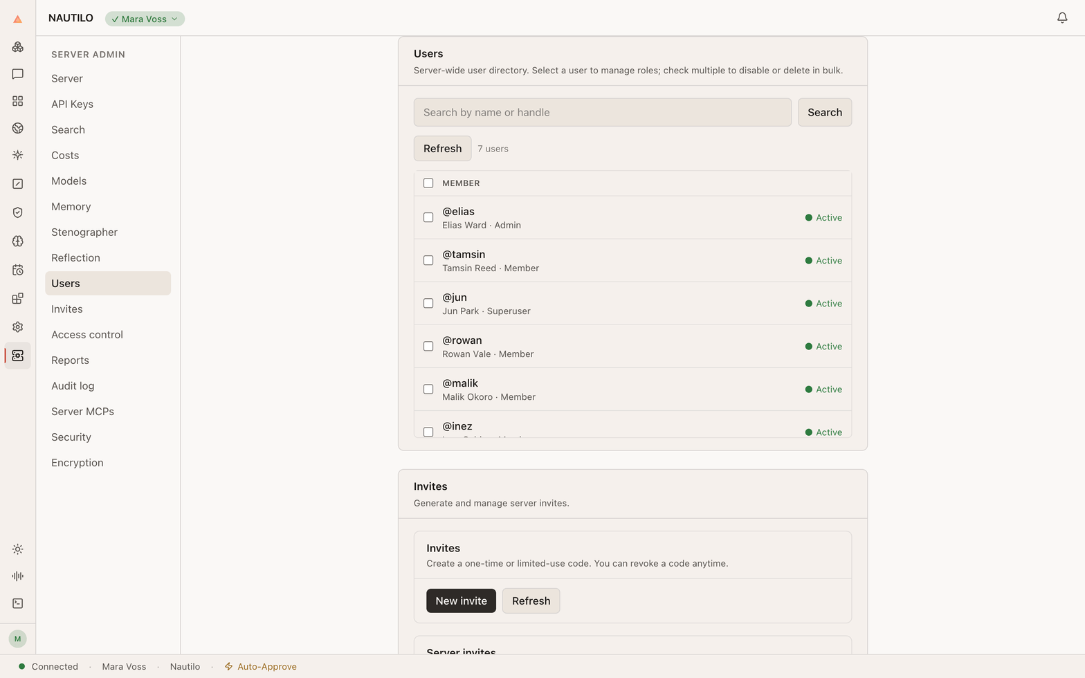 The Server admin user list with fictional members and their roles