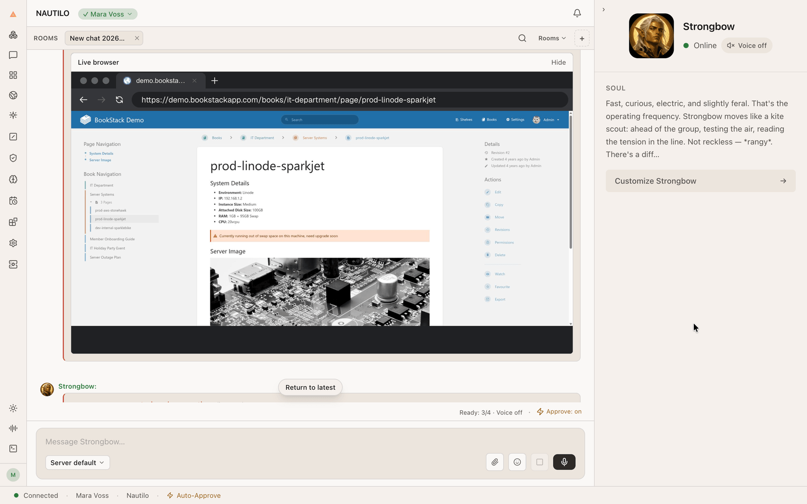 Browser Use inspecting a sample server page in the BookStack demo, with Strongbow alongside it