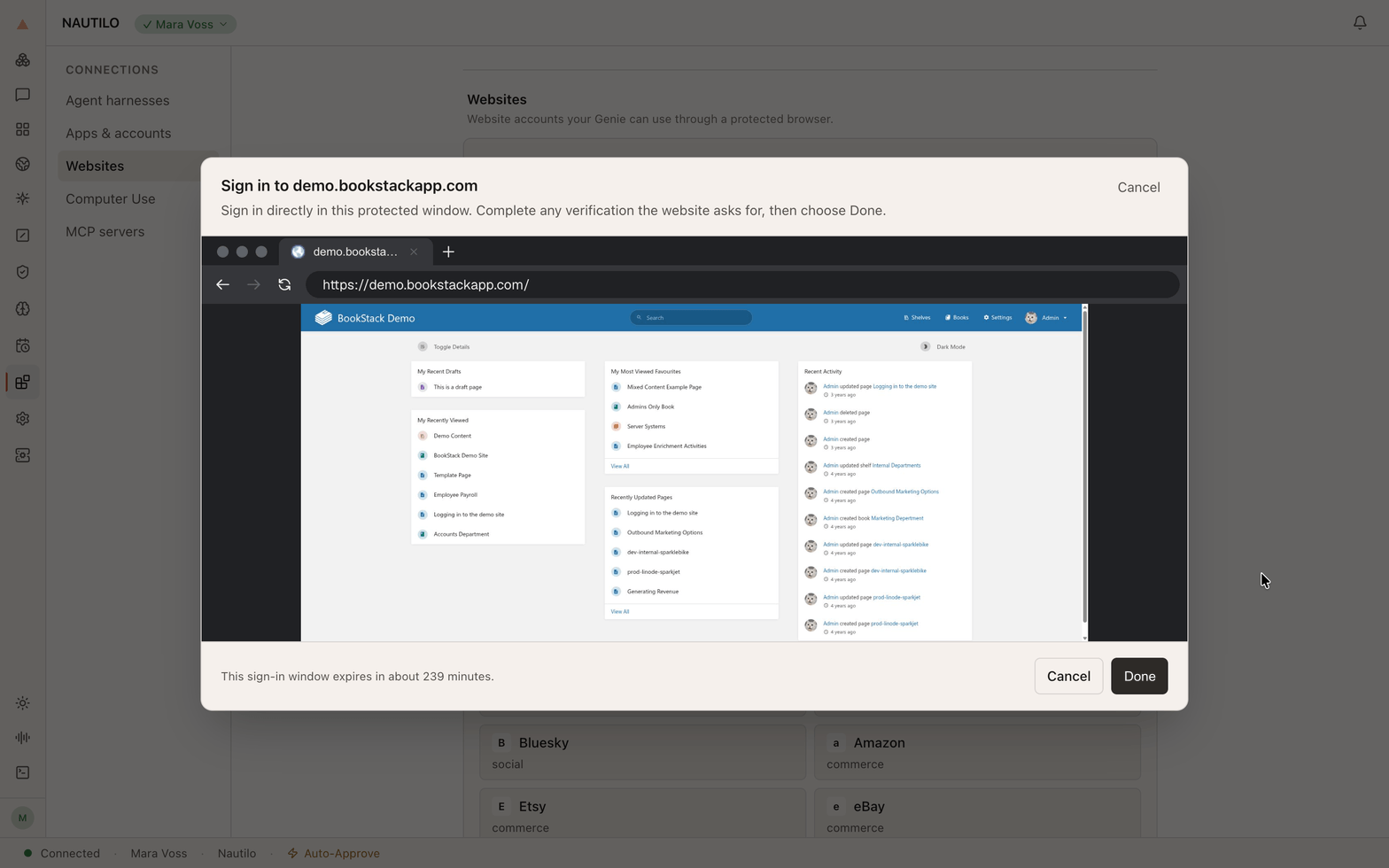 A signed-in BookStack demo in Nautilo's protected sign-in window, with the Done button below