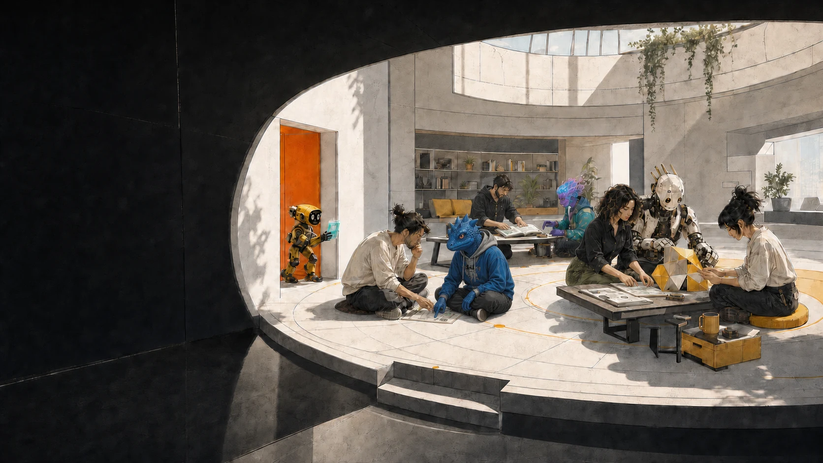 People and distinctive machine people building together in a sunlit Nautilo workshop.