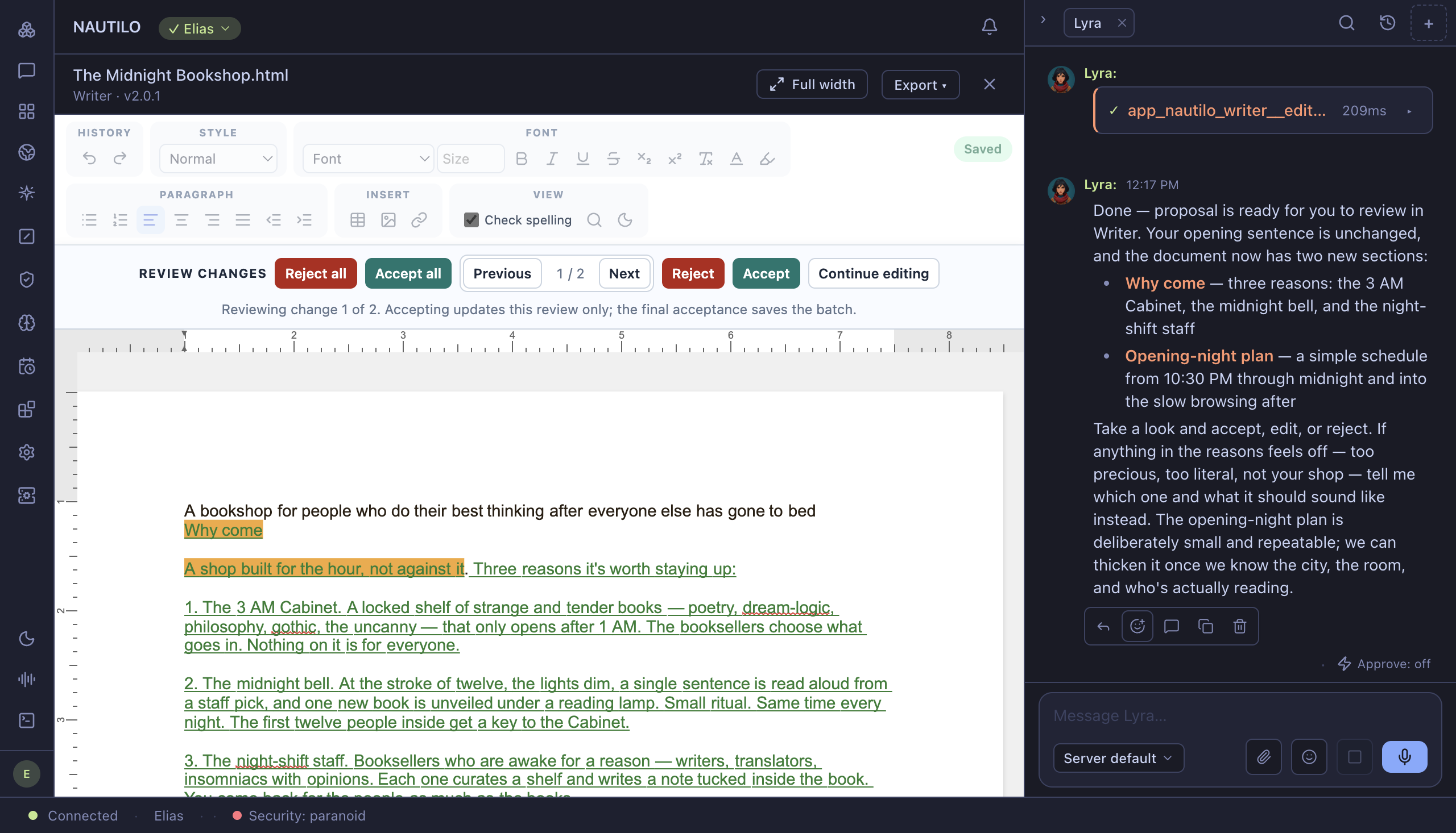 Elias and Lyra working together in Writer, with changes ready to review. Open the illustrated local setup guide.